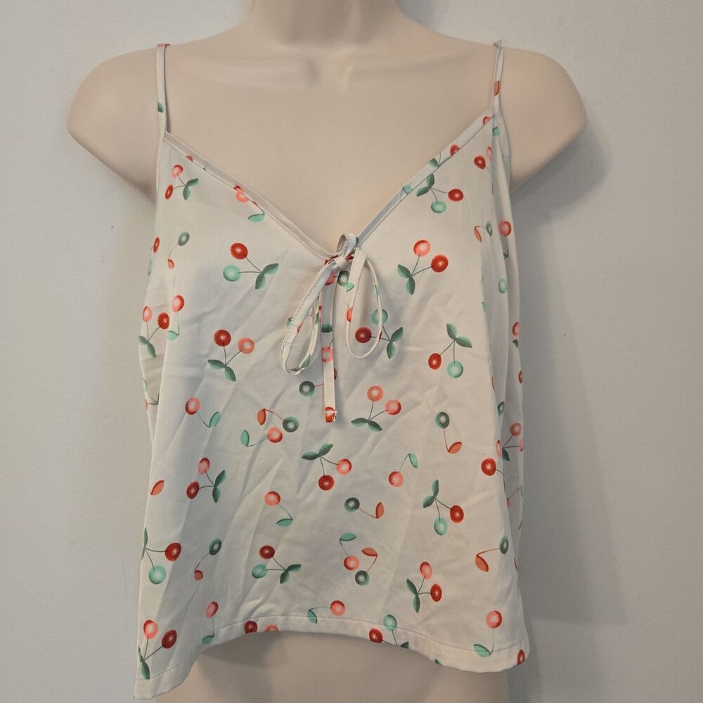Y2K Colsie Cherry Fruit Print Satin Cami Tank Top L Tie Retro Spaghetti Strap PJ